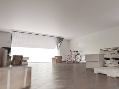 Self Storage unit with open metal door 3d illustration