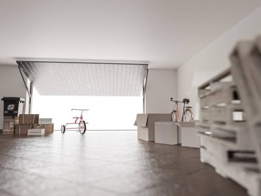 Self Storage unit with open metal door 3d illustration 