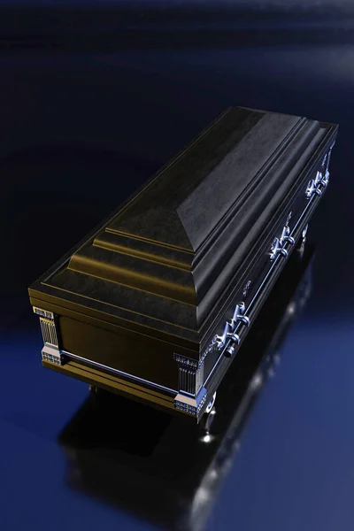 Black Coffin Isolated Blue Background Illustration — Photo