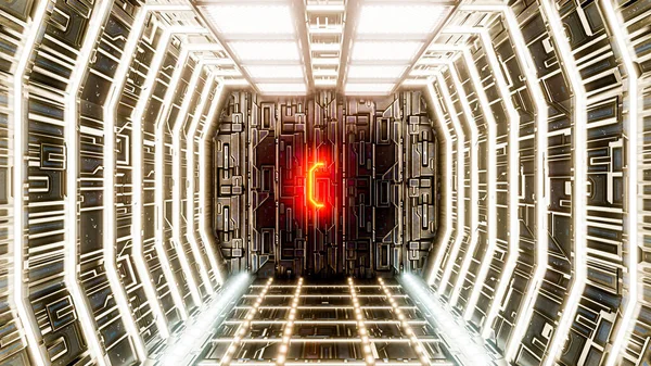 Modern Spaceship Corridor Huge Door End Illustration —  Fotos de Stock