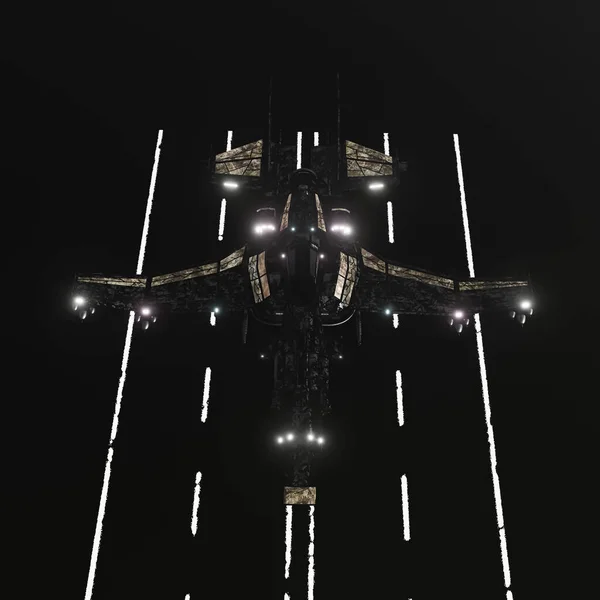 黒の背景3Dイラストで孤立した現代の宇宙戦闘機 — ストック写真