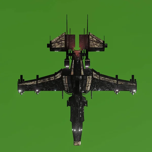 绿色背景下孤立的现代空间战斗机3D插图 — 图库照片