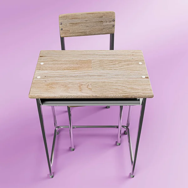 Okul masası pembe arka planda izole edilmiş 3D illüstrasyon
