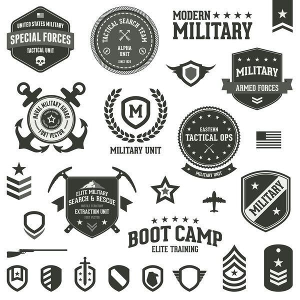 Military and armed forces badges and labels Royalty Free Stock Vectors