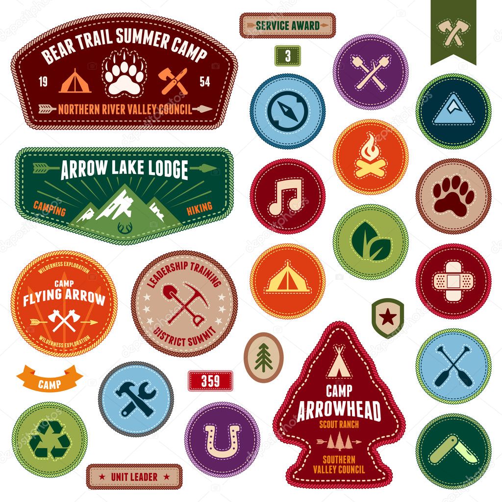 Set of scout badges and merit badges for outdoor activities