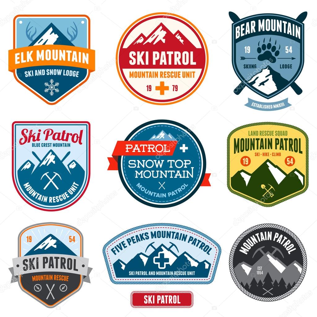 Set of ski patrol mountain badges and patches