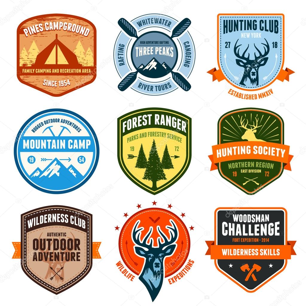 Set of outdoor adventure badges and hunting emblems