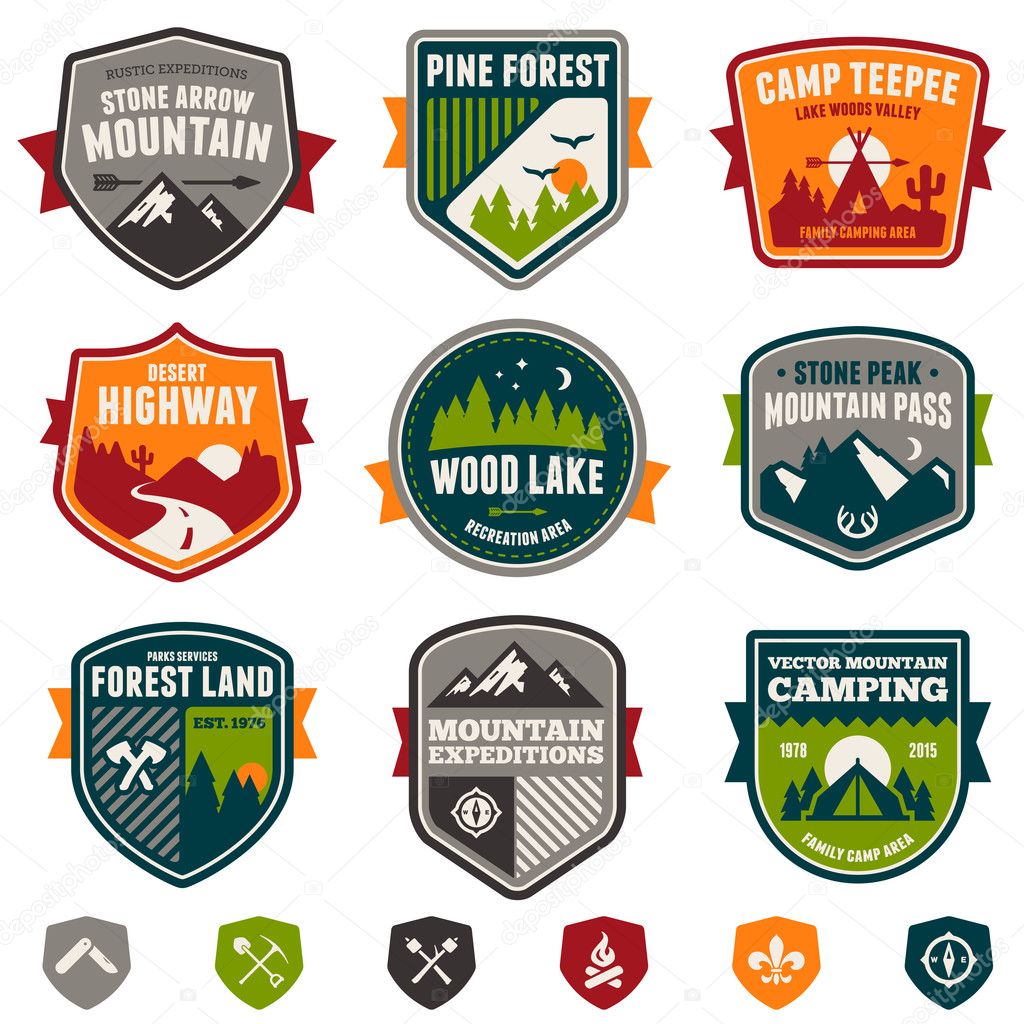 Set of vintage woods camp badges and travel emblems