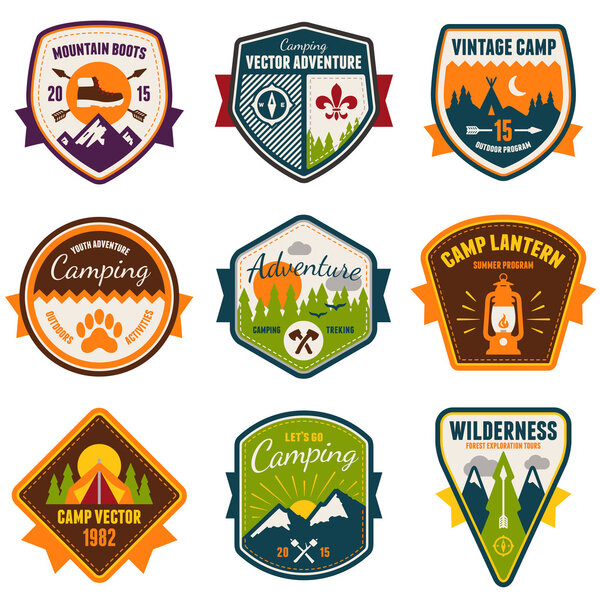 Vintage summer camp and outdoor badges