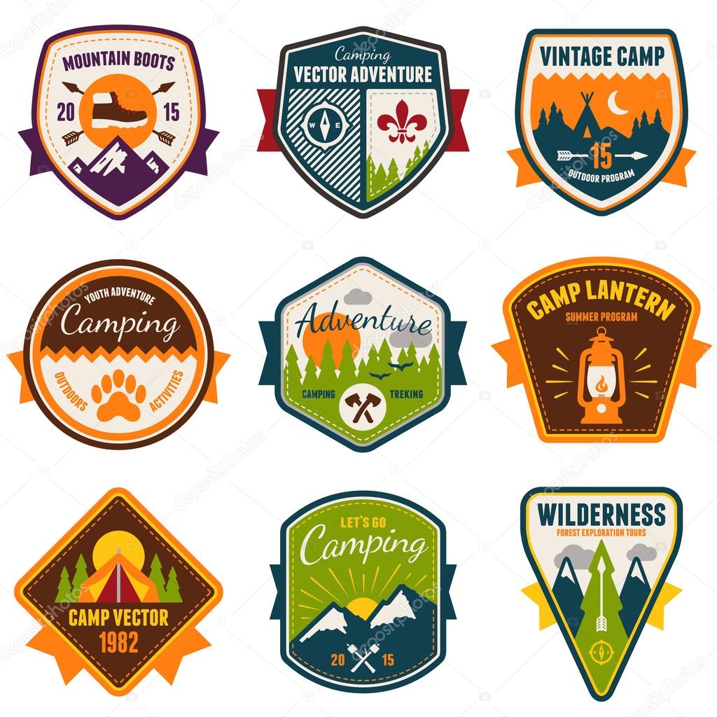 Set of vintage summer camp badges and outdoors emblems