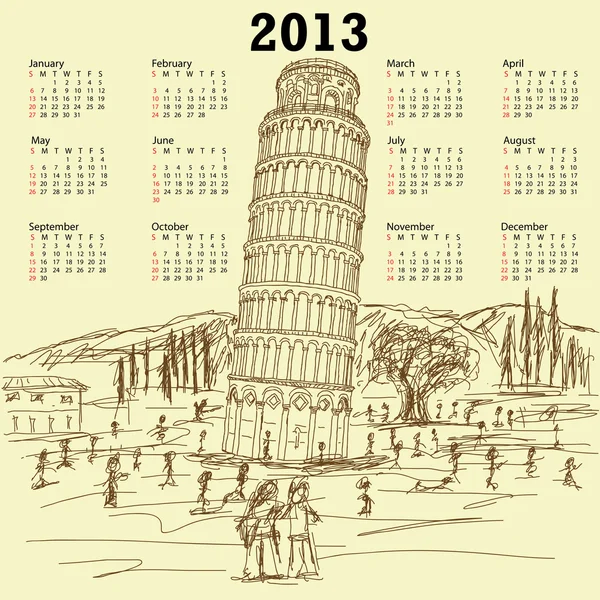 Torre inclinada de pisa 2013 calendario vintage — Archivo Imágenes Vectoriales