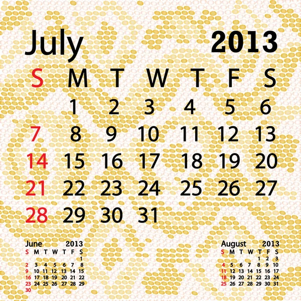 Julio 2013 calendario albino piel de serpiente — Archivo Imágenes Vectoriales