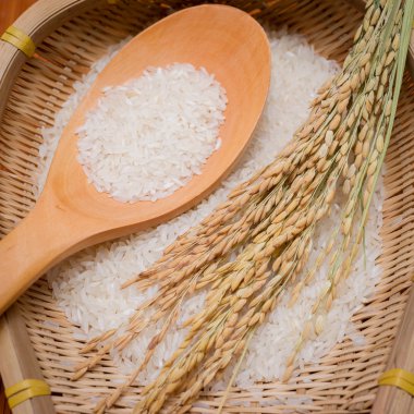 pirinç Kepçe bambu sepet içinde