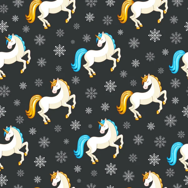 Seamless Christmas Texture Beautiful Unicorns Snowflakes Wrapping Paper Background Fabric — Stock Vector