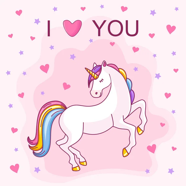 Postcard Beautiful Unicorn Hearts Inscription Love You — Stock Vector