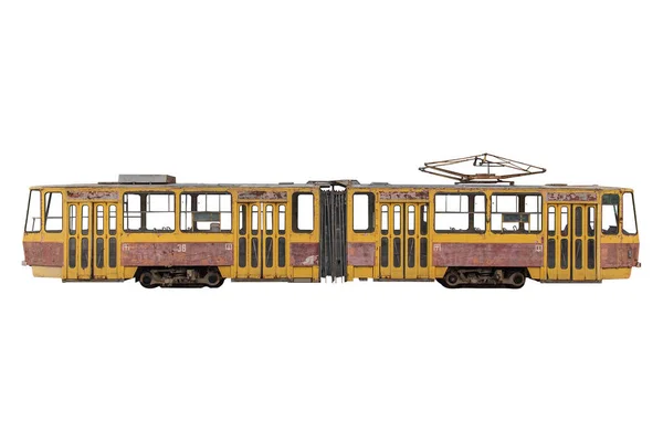 Alte Verlassene Rot Gelbe Straßenbahn Tatra Kt4 Isoliert Auf Weiß — Stockfoto