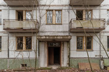 Entrance to an abandoned prefabricated house in the Chernobyl Exclusion Zone. Chernobyl, Ukraine.