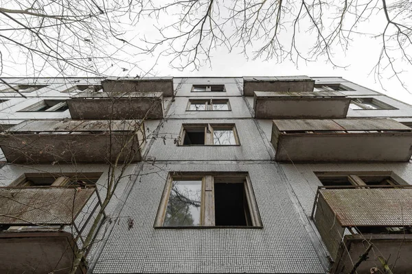 Facade of an abandoned prefabricated house in the Chernobyl Exclusion Zone. Chernobyl, Ukraine.