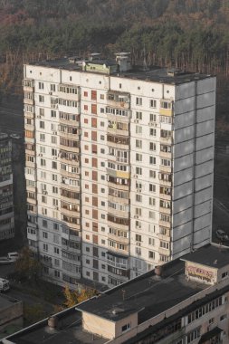 Soviet prefabricated multi-storey apartment building, top view. Kyiv, Ukraine - October 2021.