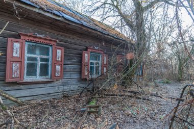 The courtyard of an old abandoned wooden house in the Chernobyl Exclusion Zone. Zalissya, Ukraine.