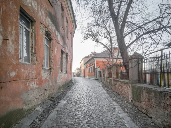 Ortaçağ Avrupa şehir caddesi bomboş. Kamianets-Podilskyi, Khmelnytsky oblast, Ukrayna - Mart 2022.