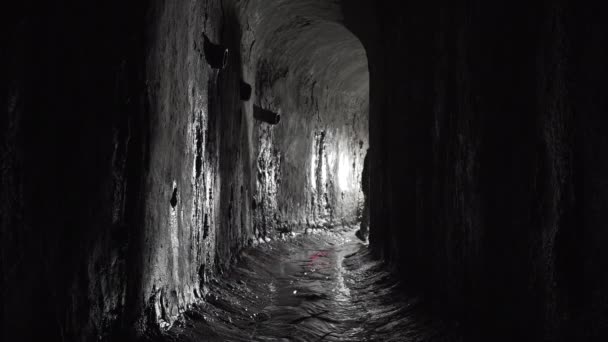 Hombre Con Una Linterna Roja Camina Colector Alcantarillado Subterráneo Húmedo — Vídeos de Stock
