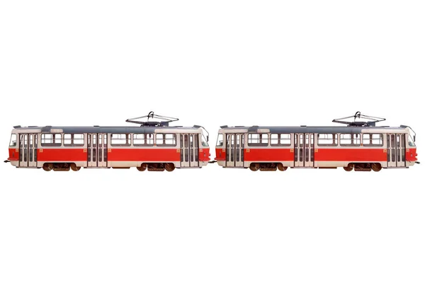 Two Connected Red Tram Isolated White — Stockfoto
