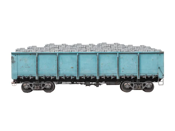 Blå Metallgodsvagn Eller Godsvagn Med Grå Tegelsten Isolerad Vit — Stockfoto