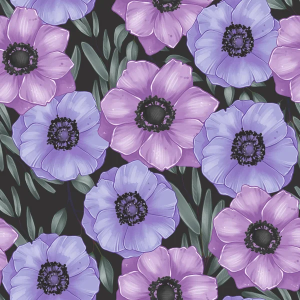 Botanical Illustration Purple Anemones Leaves Seamless Pattern Stickers Digital Sketch 스톡 이미지