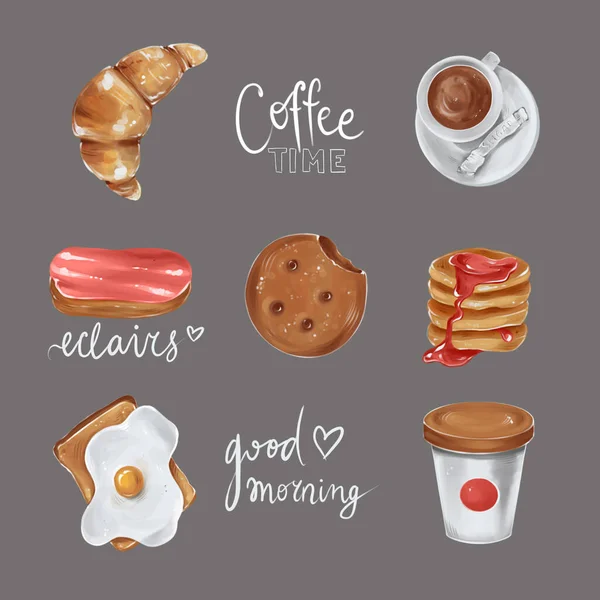 Breakfast Time Set Illustrations Stickers Digital Sketch 스톡 사진