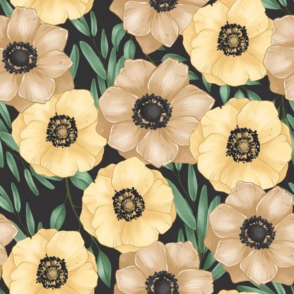 Botanical Illustration Yellow Anemones Leaves Seamless Pattern Stickers Digital Sketch 로열티 프리 스톡 이미지