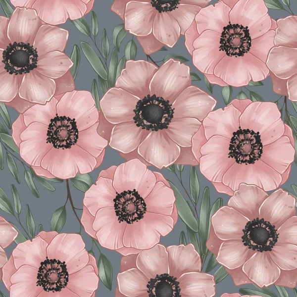 Botanical Illustration Anemones Leaves Seamless Pattern Stickers Digital Sketch Raster 스톡 이미지