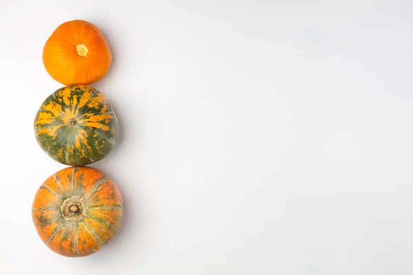 Beyaz arka plan görünümlü üç olgun turuncu ve yeşil balkabağı.