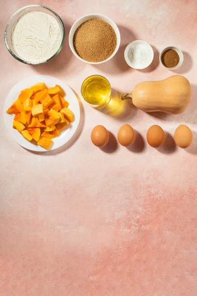 Pumpkin Pie Ingredients Bowls Pink Table — Stock Photo, Image