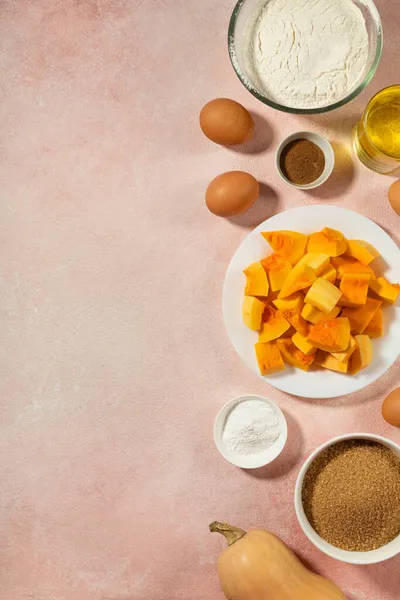 Pumpkin Pie Ingredients Bowls Pink Table — Stock Photo, Image