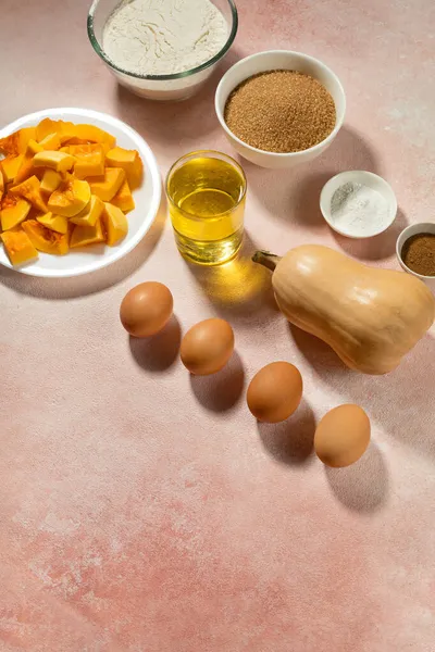 Pumpkin Pie Ingredients Bowls Pink Table — Stock Photo, Image