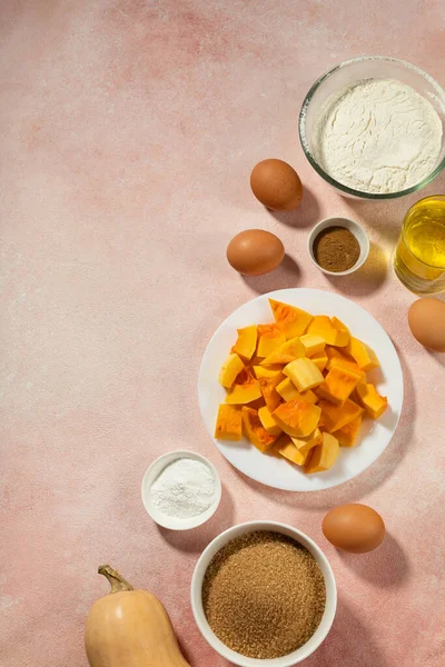 Pumpkin Pie Ingredients Bowls Pink Table — Stock Photo, Image