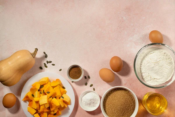 Pumpkin Pie Ingredients Bowls Pink Table — Stock Photo, Image