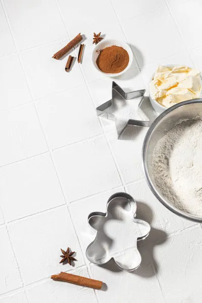 Ingredients Christmas Gingerbread Cinnamon Anise Flour White Table — Stock Photo, Image