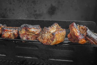 Kızarmış kaburga. Izgara et. Aşçı yanıyor. Kahrolası bir kabuk. Yağlı yiyecekler. Izgara domuz eti. Izgarada kızartılmış et parçaları..