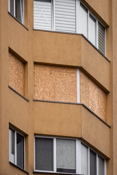 Wooden Boards Instead Windows Consequences Fall Rocket Ruined House Russia — Stok fotoğraf