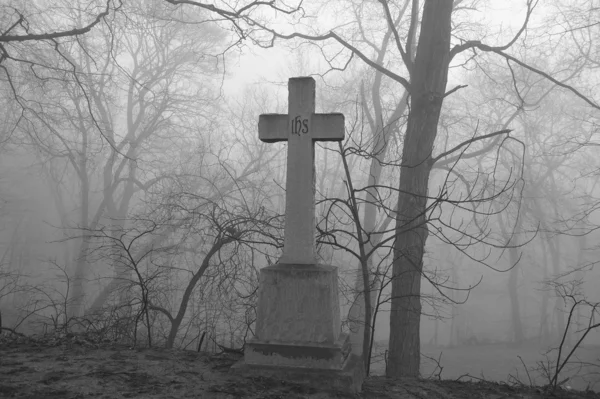 Escena de cementerio espeluznante y muy brumosa — Foto de Stock