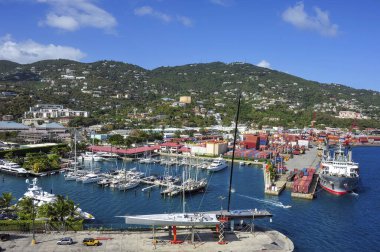 Aerial view of Marina and shipping dock near Crown Bay, St. Thomas, US Virgin Islands on a sunny day