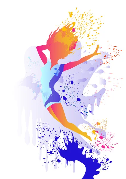 Jumping girl silhouette with colored splats — Stock Vector