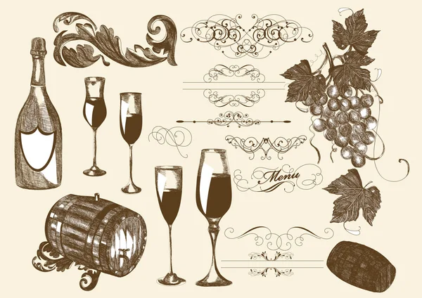 Şarap ve şarapçılık öğeleri elle çizilmiş vektör ayarla — Stok Vektör