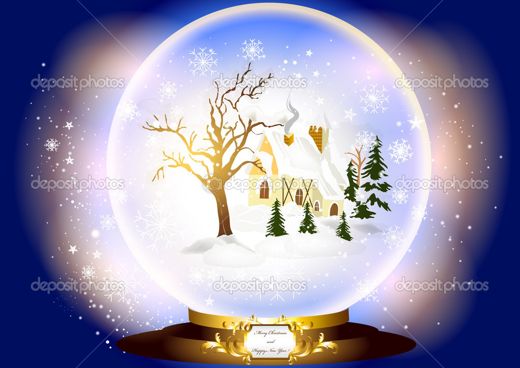 Christmas glass sphere with little house in snow inside