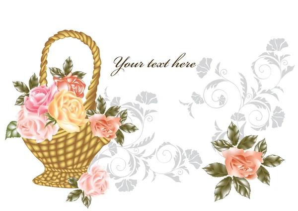 Eleganckie karty z beżowym i różowym róż w koszu na biały — Wektor stockowy