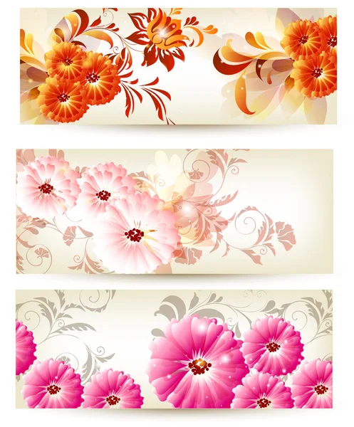 Collectie van drie floral kaarten met bloemen — Stockvector