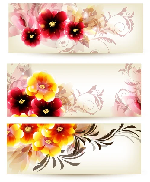 Conjunto de tres pancartas decoradas con flores vectoriales — Vector de stock