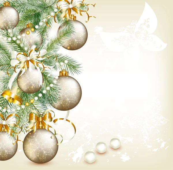 Biglietto natalizio con rami di pelliccia realistici decorato da argento a — Vettoriale Stock